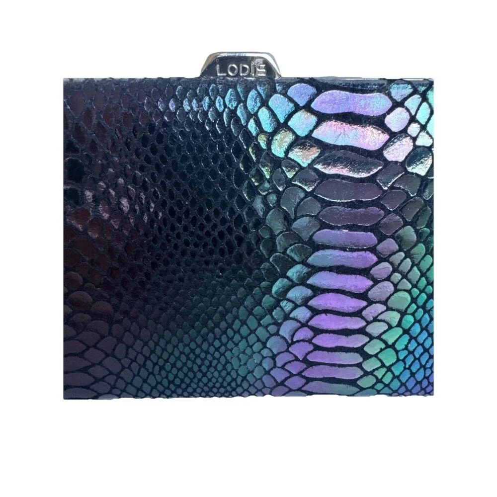LODIS Palm Springs Multi Color Leather Framed Wallet Clutch 10” Snake Embossed